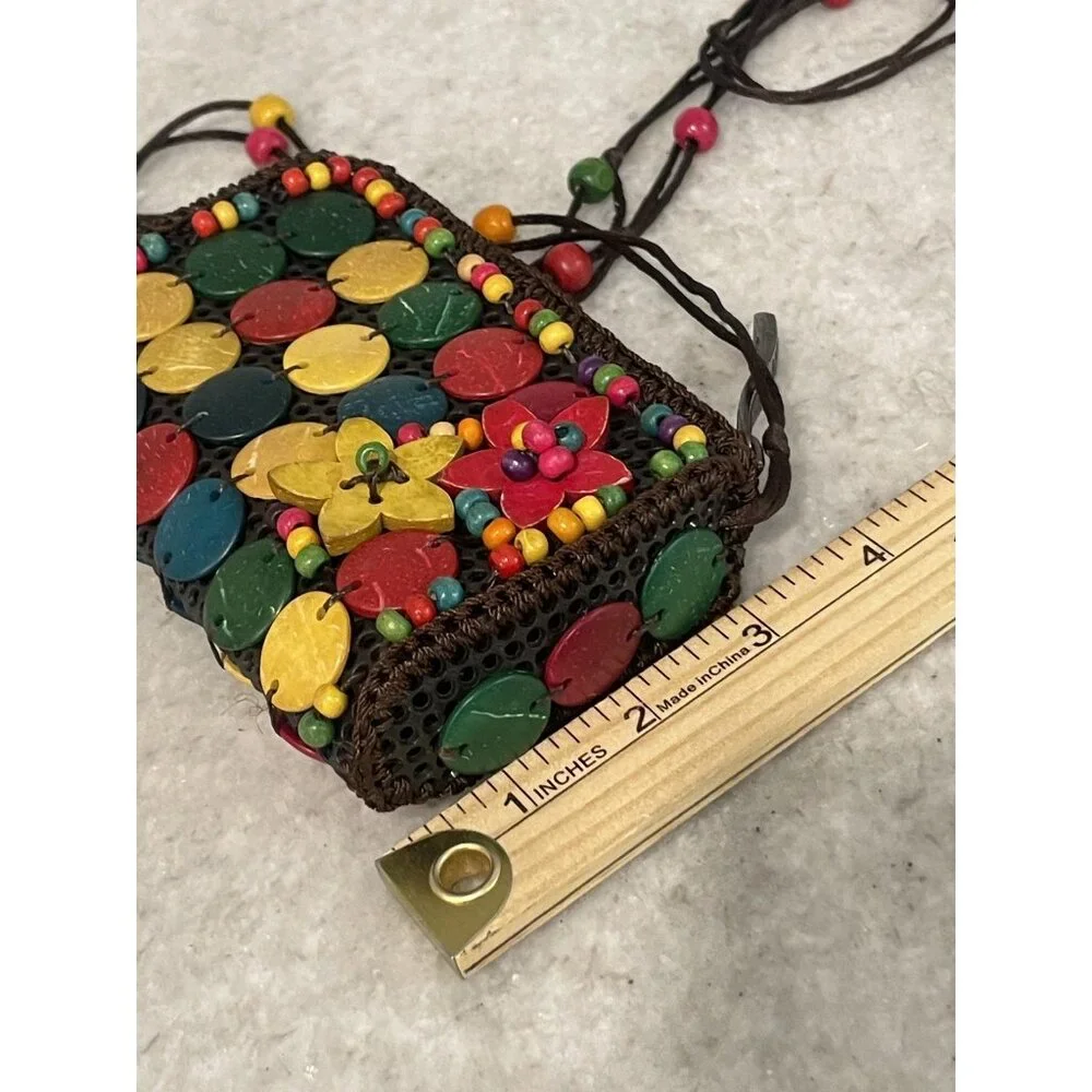 Beaded Crossbody Bag Womens Mini Multicolor Wood‎ Disc Puerto Rico Boho Flower